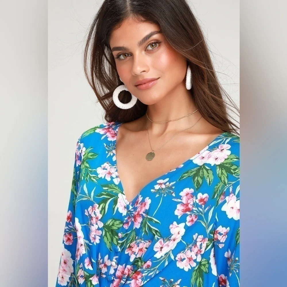 Lulu's Bright Blue Floral Wrap Midi Dress - Picture 4 of 8